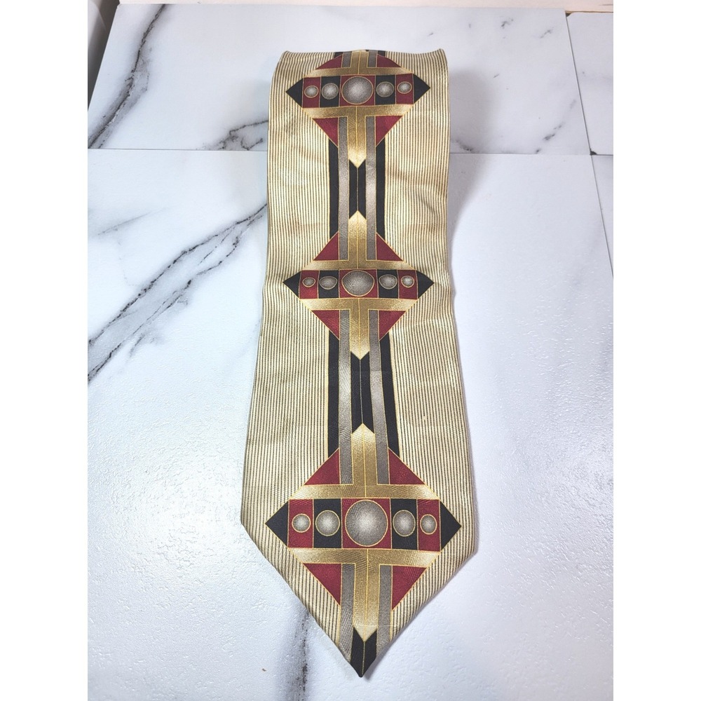 Bergamo New York Mens  Art Deco Geometric Silk Tie Cream Gold Burgundy Handmade